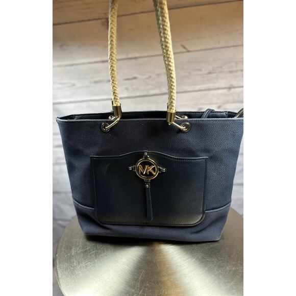 Michael Handbags - Michael Kors Large Dark Blue Canvas Beach Tote Bag Rope Handles